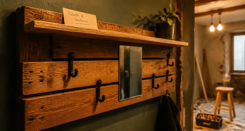 Porte manteau palettes en bois récup, patères noires et miroir