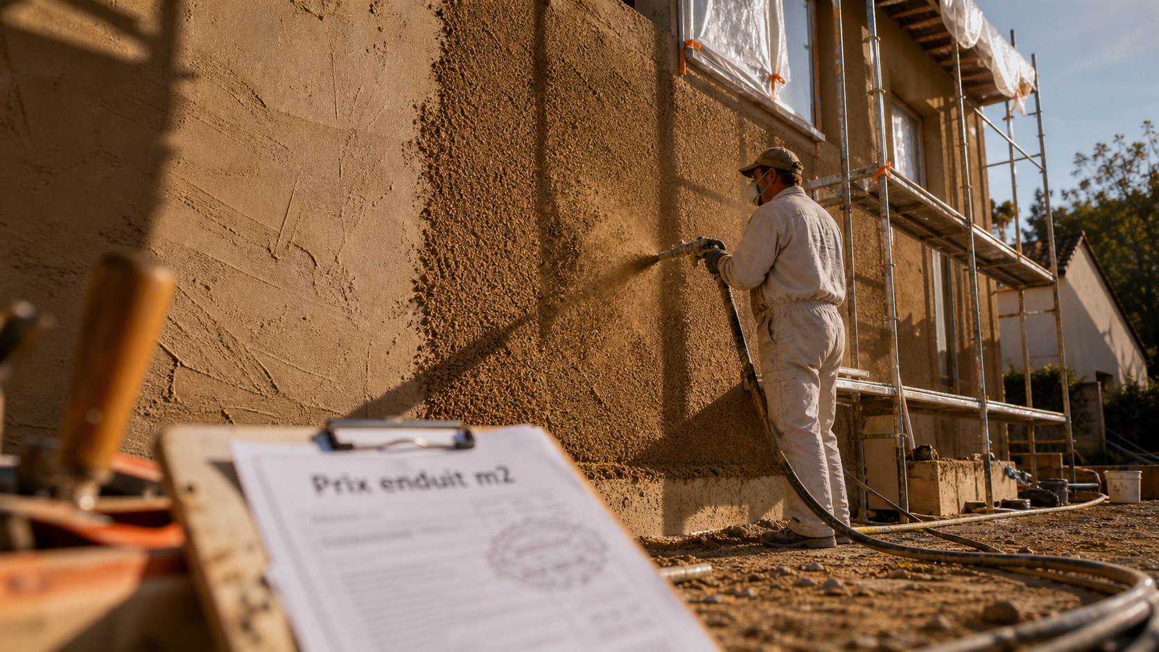 Prix enduit m2 : enduit projeté sur façade en cours