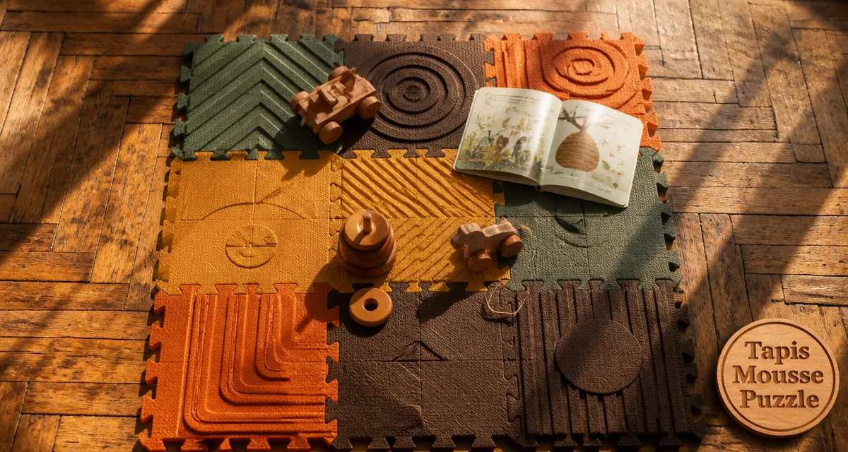 Puzzle tapis mousse sur parquet avec jouets et livre