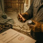 Qualité plombier : plombier contrôle un raccord cuivre avec manomètre