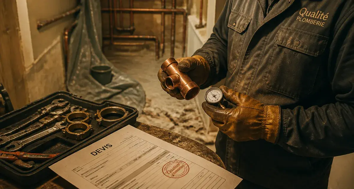 Qualité plombier : plombier contrôle un raccord cuivre avec manomètre