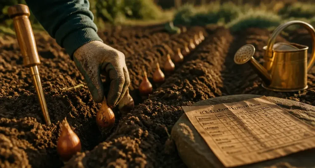 Quand planter les échalotes avec la lune : main plante des caïeux dans la terre
