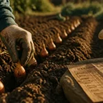 Quand planter les échalotes avec la lune : main plante des caïeux dans la terre