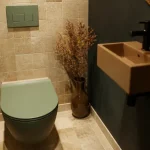 Toilette coloré : WC vert sauge design, brosse céramique chocolat et commande noire mate