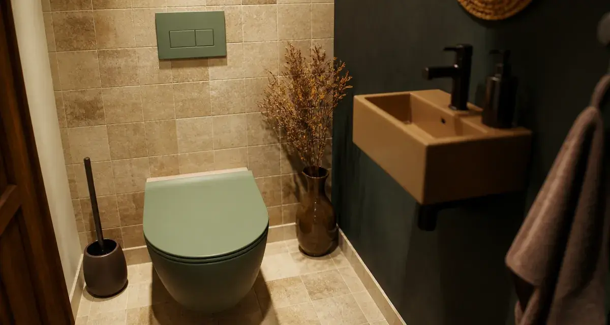 Toilette coloré : WC vert sauge design, brosse céramique chocolat et commande noire mate