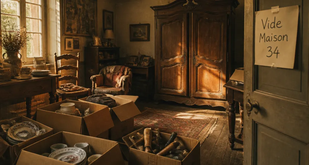 vide maison 34 salon ancien avec cartons et armoire