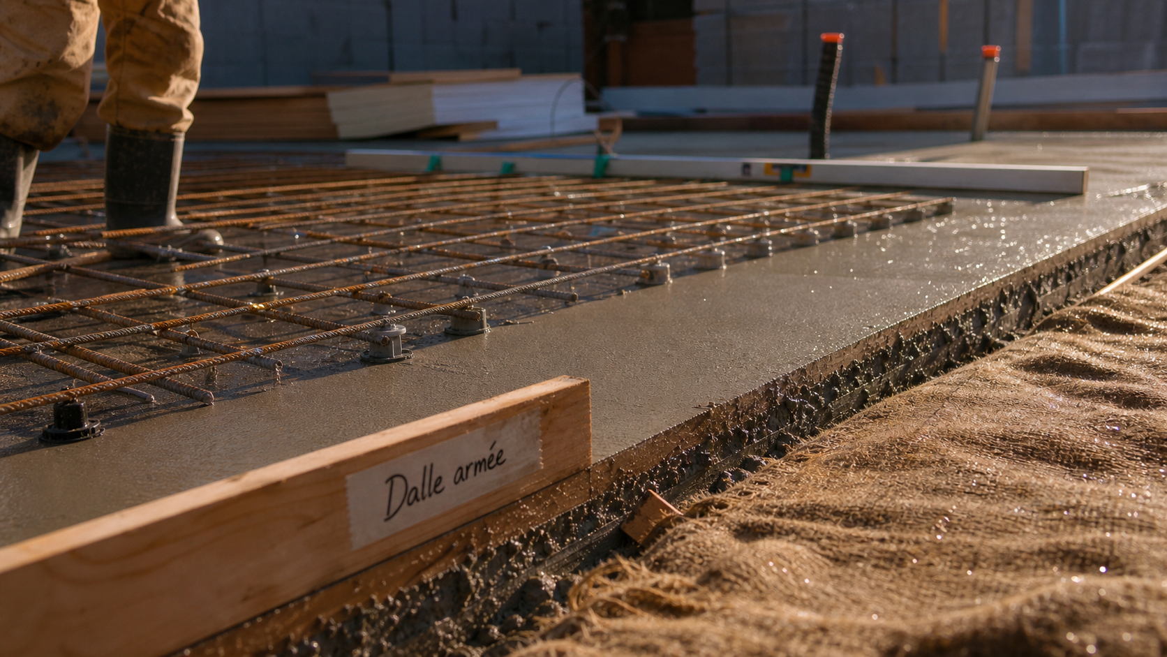 Dalle en béton armé : treillis d’acier et béton frais sur chantier
