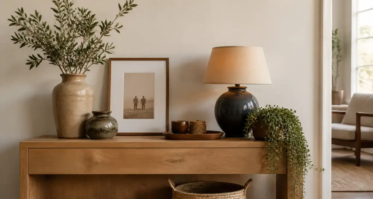 Console en bois décorée de vases en céramique et d'une plante d'intérieur