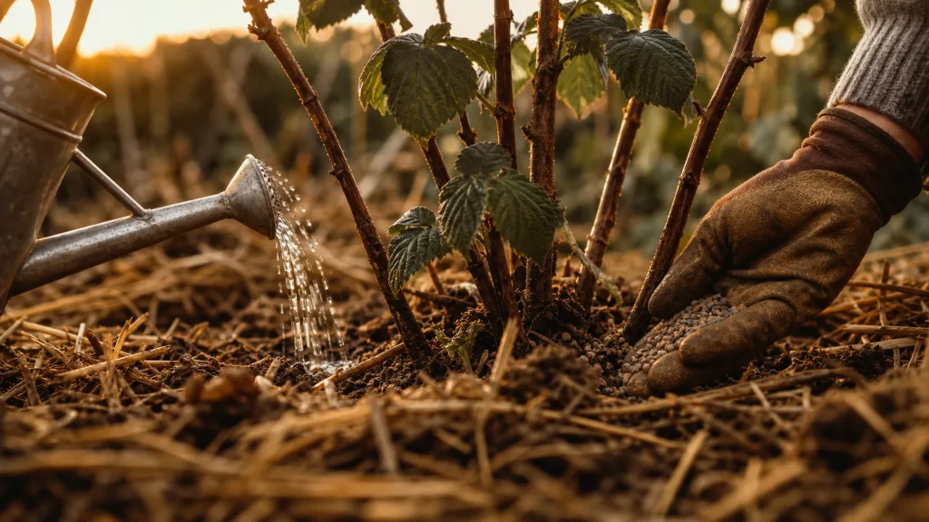 Engrais framboisier : compost mûr près du pied, paillage et arrosage léger
