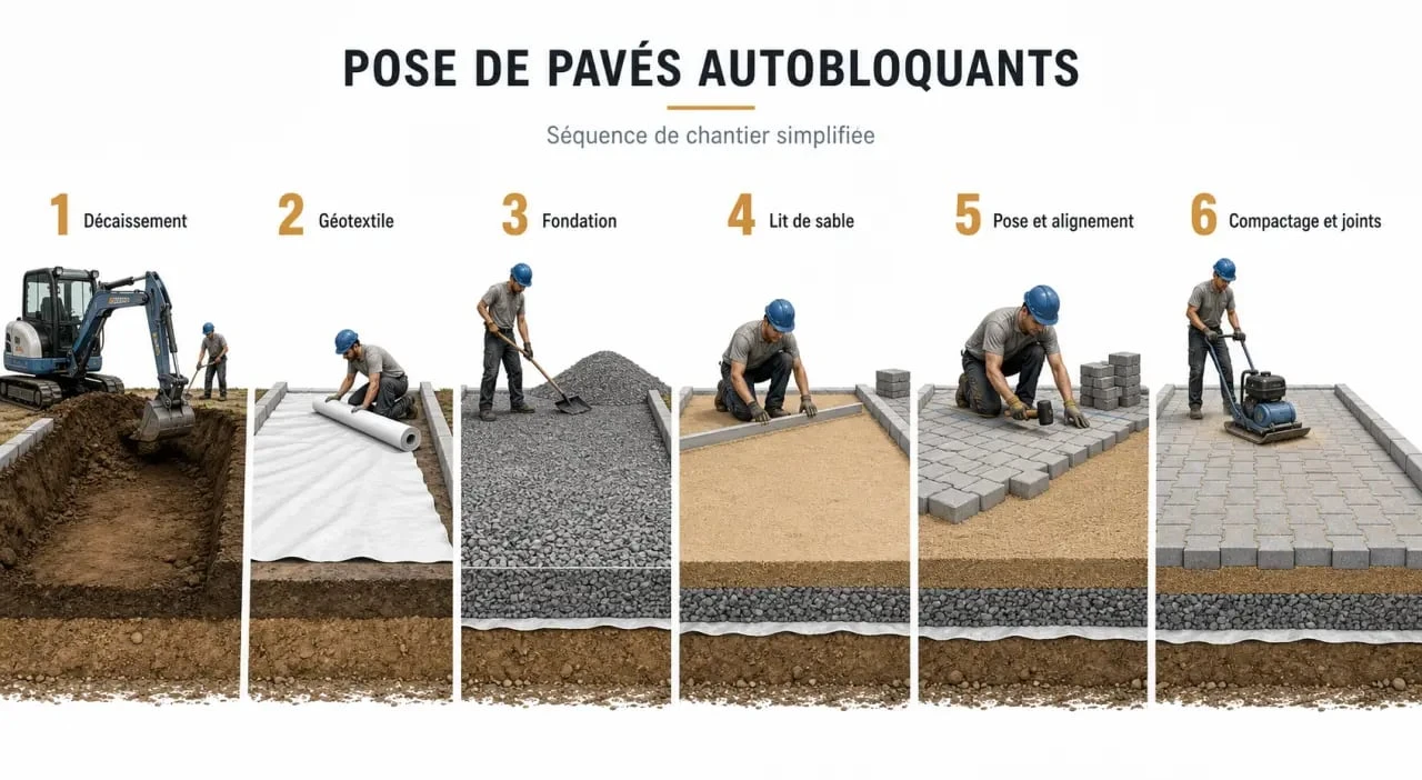 Pose pavé autobloquant : illustration des étapes de préparation du sol, du lit de sable et du compactage