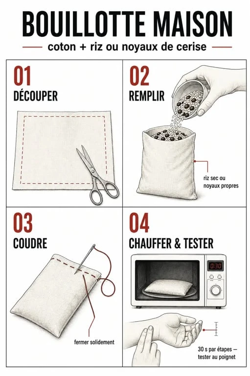 Comment faire une bouillotte maison en 4 étapes : tissu, garniture, couture et chauffe