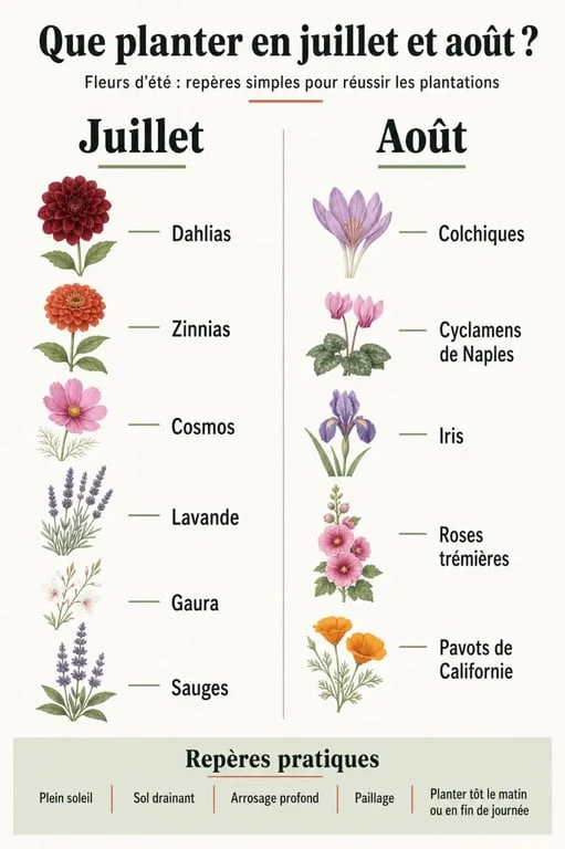 Que planter en juillet août fleurs : infographie des fleurs à privilégier en été selon le mois et les conditions de culture