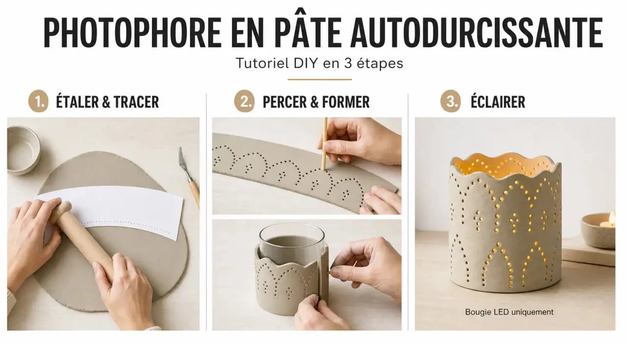 Photophore pate autodurcissante en atelier DIY avec découpe du gabarit, perçage des motifs et photophore fini éclairé par une bougie LED
