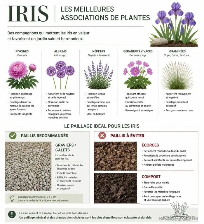 Infographie sur les plantes compagnes et le paillage idéal pour les iris au jardin