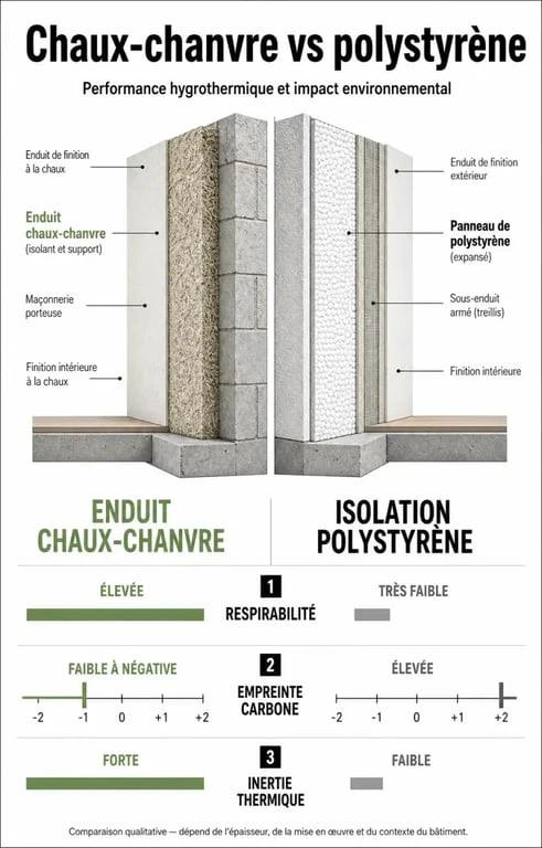 Infographie comparative : enduit chaux-chanvre vs polystyrène pour l'isolation extérieure