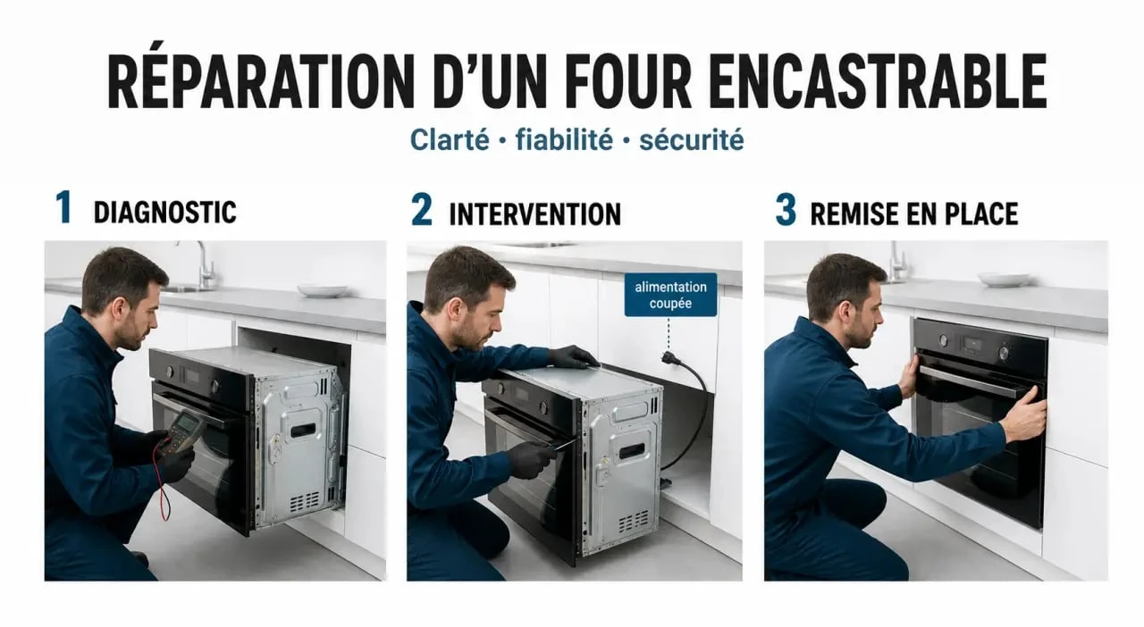 Réparation four encastrable : illustration d’un technicien qui diagnostique et répare un four intégré dans une cuisine