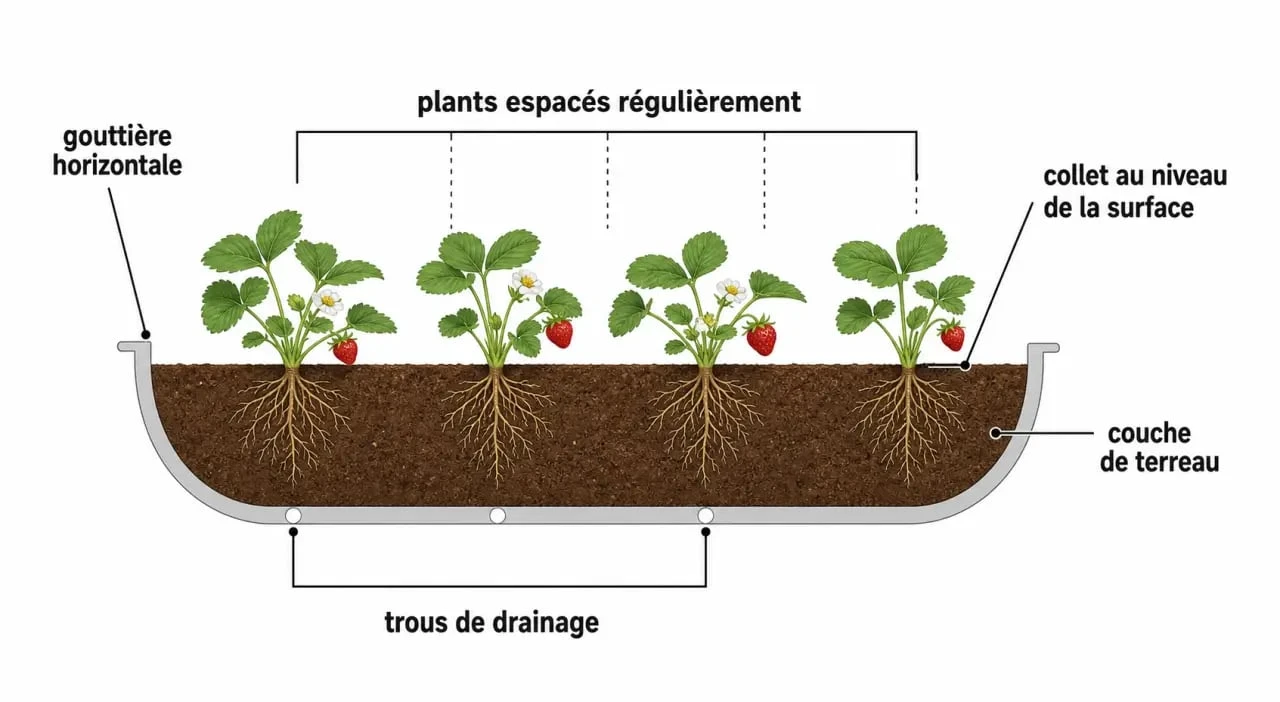 Schéma technique d'installation de fraisiers dans une gouttière pour un potager vertical