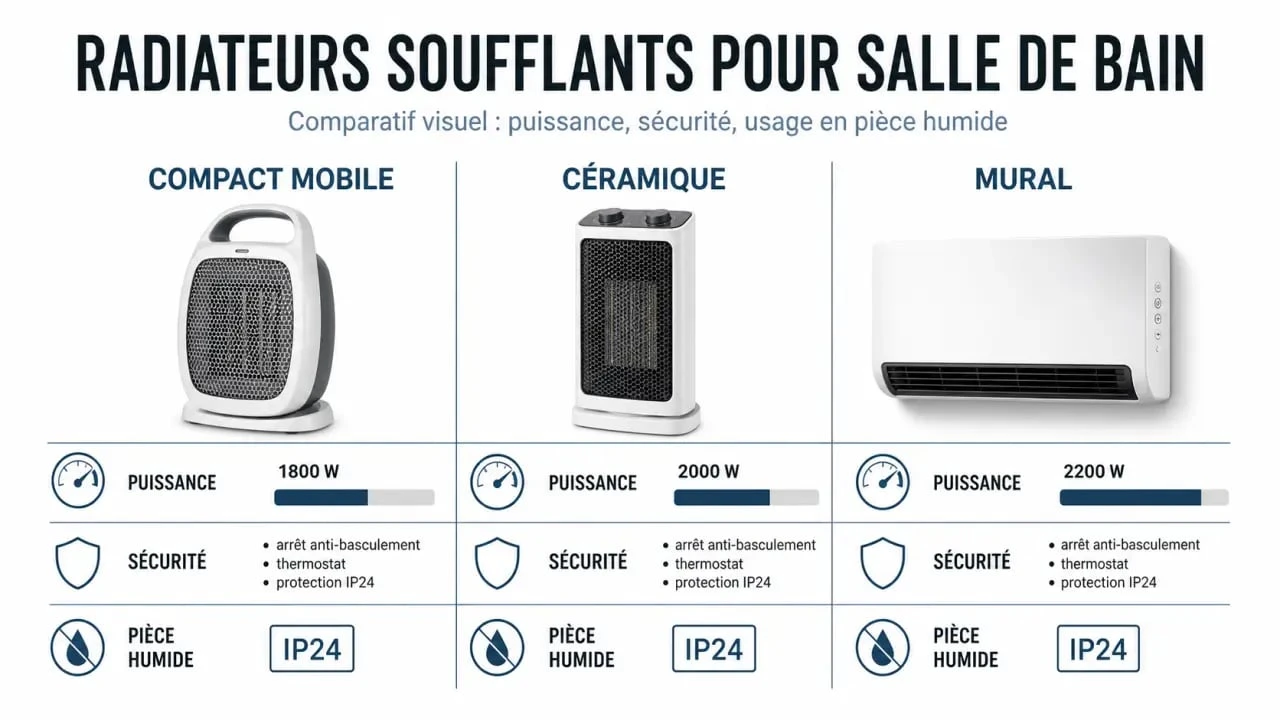 Comparatif du meilleur radiateur soufflant salle de bain avec modèles compact, céramique et mural