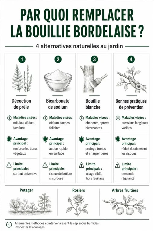 Par quoi remplacer la bouillie bordelaise : infographie comparative des alternatives naturelles au jardin