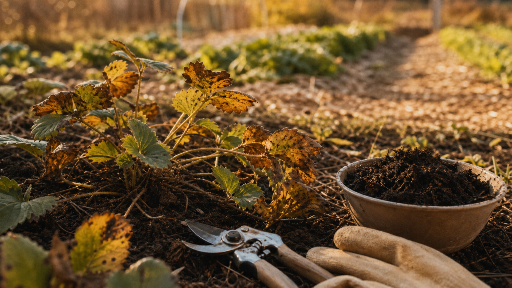 Faut il couper les feuilles des fraisiers avant l’hiver : feuilles abîmées près du sol