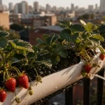 Fraisier dans gouttière PVC sur terrasse étroite, fruits mûrs et trous de drainage