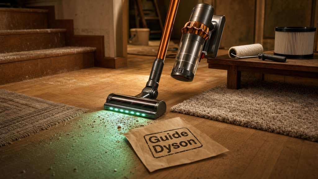 Meilleur aspirateur balai Dyson sur parquet clair, poussière visible et brosse LED