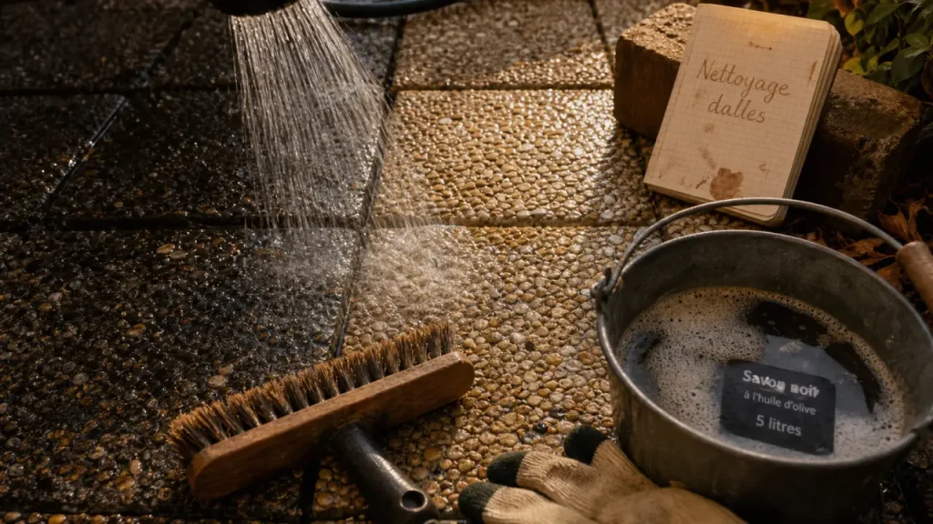 Nettoyer des dalles gravillonnées noircies : brosse et eau chaude entre les gravillons