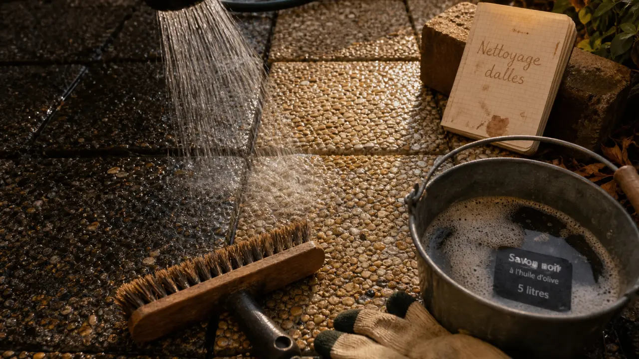Nettoyer des dalles gravillonnées noircies : brosse et eau chaude entre les gravillons