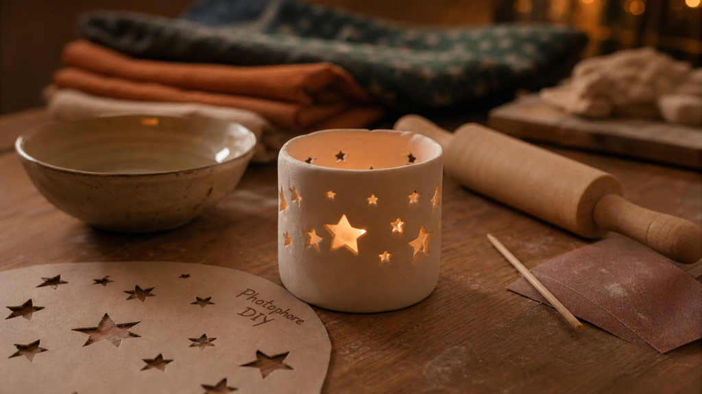 Photophore pate autodurcissante avec bougie LED, gabarit et motifs étoiles