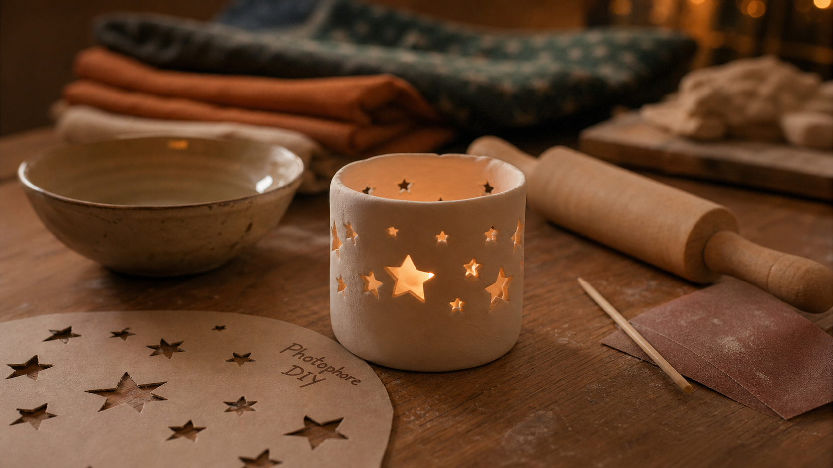 Photophore pate autodurcissante avec bougie LED, gabarit et motifs étoiles