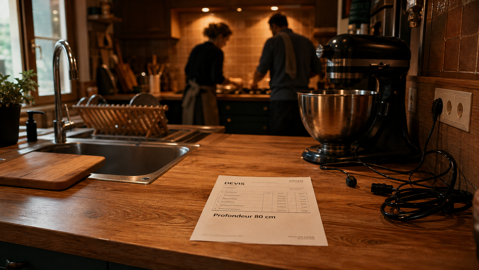 Plan de travail 80 cm de profondeur en cuisine familiale, évier inox et espace optimisé
