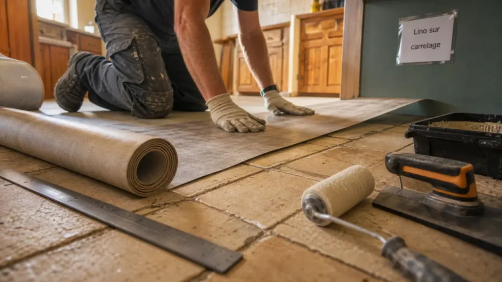 Poser du lino sur carrelage : lino sur carrelage en cuisine, préparation du support