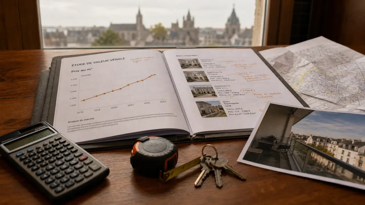 Dossier d'estimation immobilière avec calculatrice, clés et plan