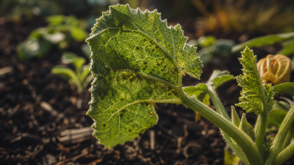 Puceron courgette : pucerons verts sur feuille de courgette