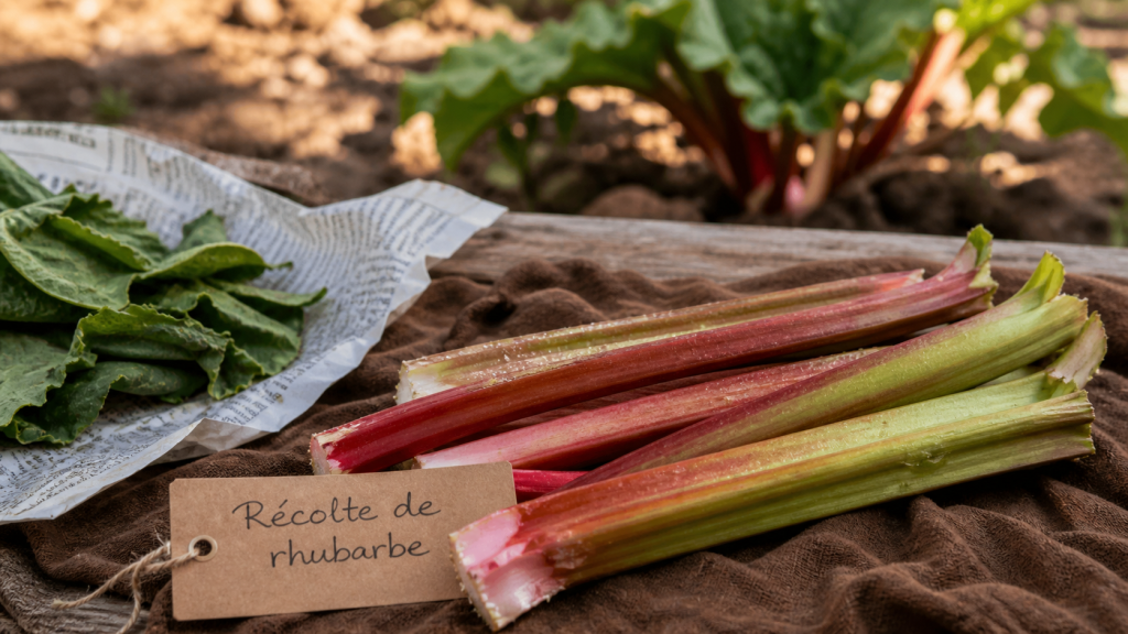 Quand récolter la rhubarbe : tiges de rhubarbe sans feuilles, gros plan