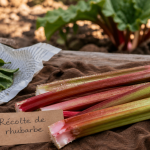 Quand récolter la rhubarbe : tiges de rhubarbe sans feuilles, gros plan