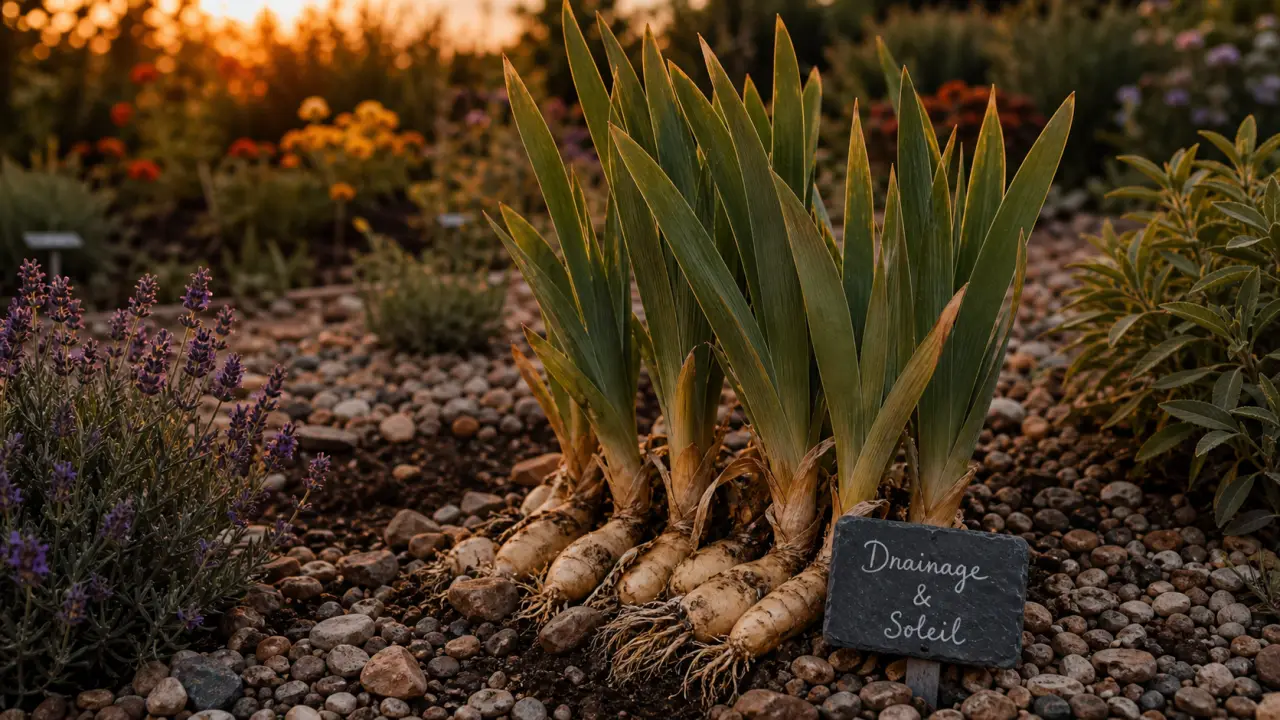 Massif d'iris et plantes compagnes en sol drainant au jardin