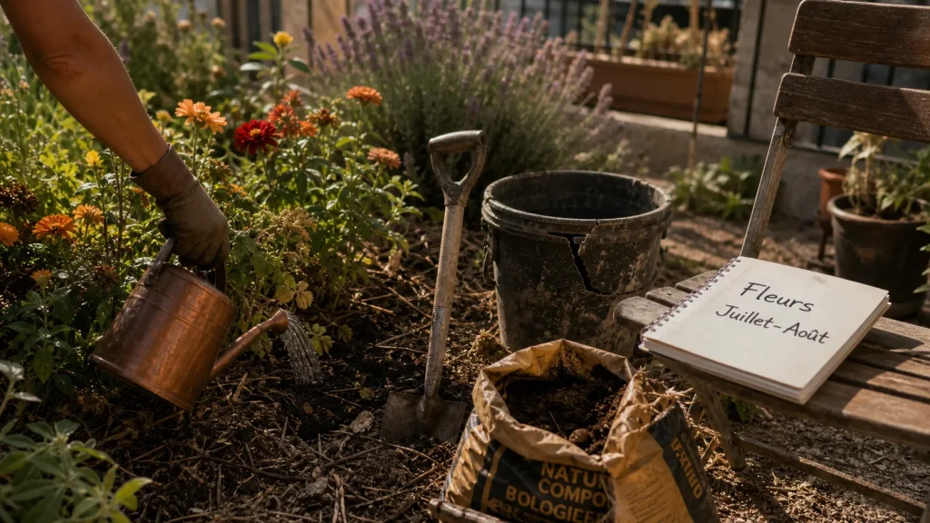Que planter en juillet août fleurs : dahlias et zinnias arrosés sous paillis