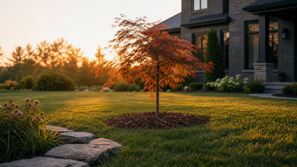Quel arbre planter au milieu d'une pelouse : jeune arbre isolé sur pelouse
