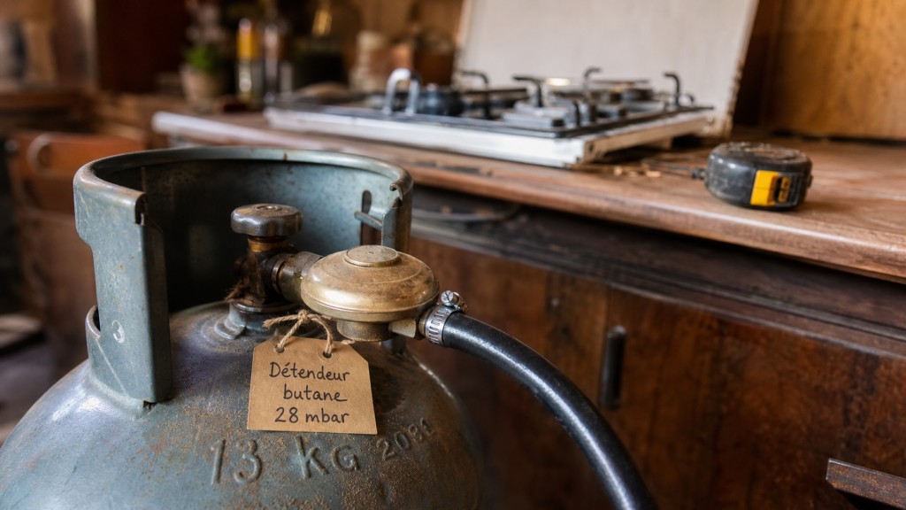 Quelle bouteille de gaz pour gazinière : bouteille butane 13 kg et détendeur visible