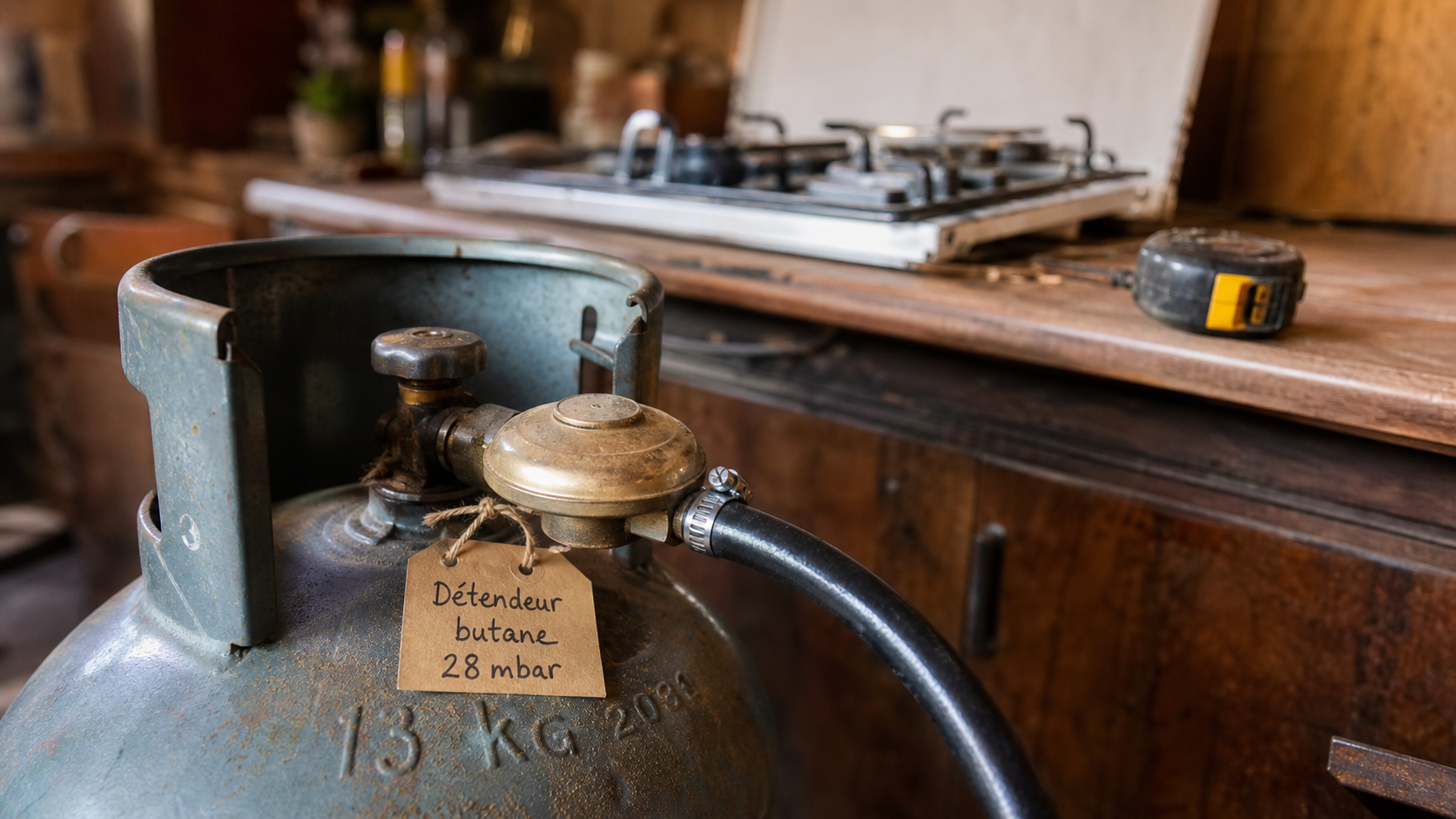 Quelle bouteille de gaz pour gazinière : bouteille butane 13 kg et détendeur visible
