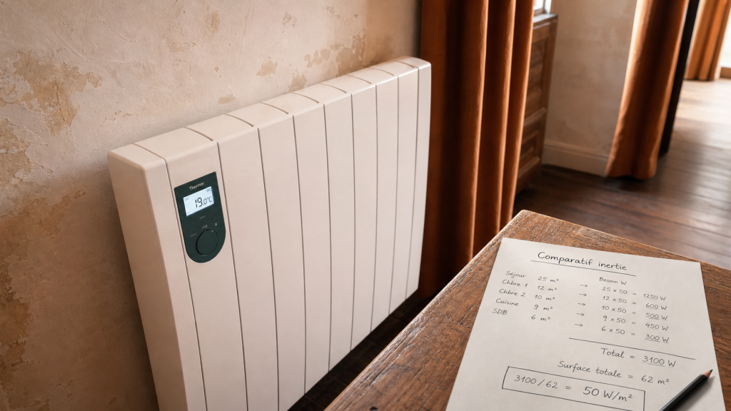 Radiateur à inertie comparatif : inertie sèche ou fluide, puissance et thermostat, panneau de programmation