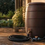 Recuperateur eau de pluie 300l près de la gouttière de maison