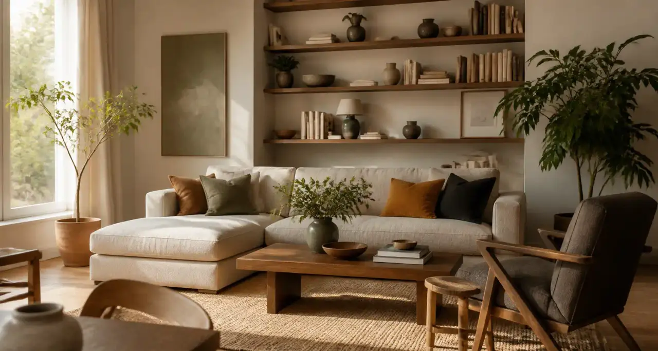 Salon lumineux d'une maison avec parquet en bois clair, canapé en lin et plantes vertes