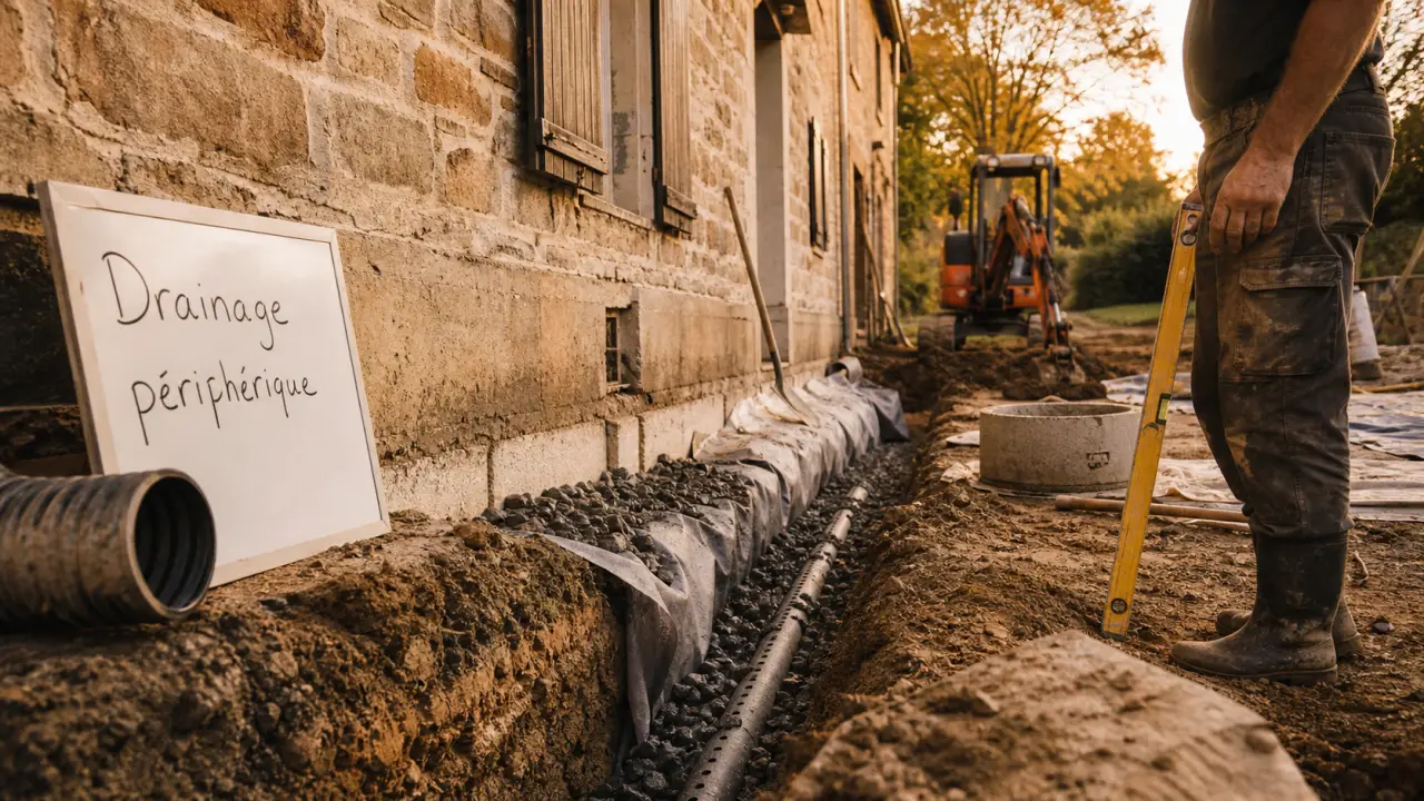 Drainage maison ancienne prix : tranchée, tuyau perforé et géotextile