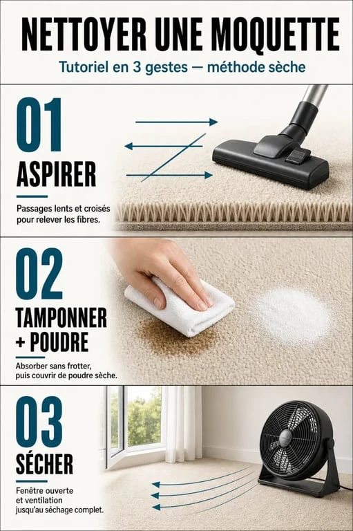 Nettoyer une moquette en trois étapes avec aspiration, détachage et séchage