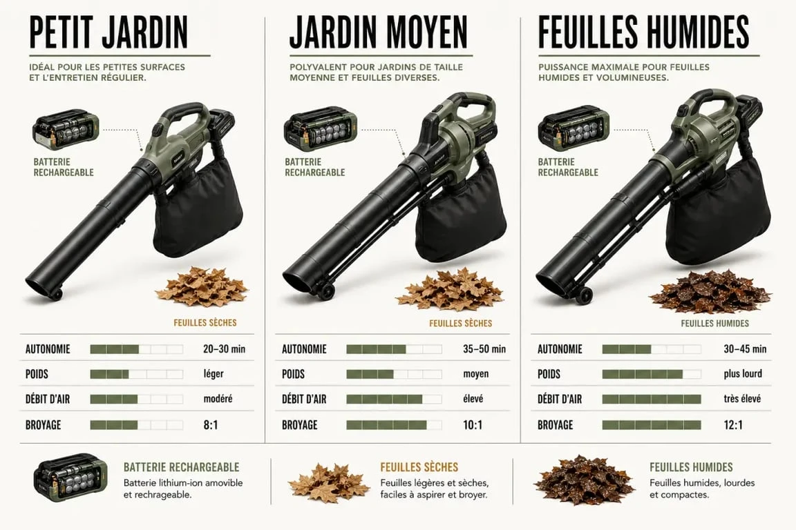 Comparatif du meilleur aspirateur souffleur broyeur sur batterie pour choisir selon la surface, l’autonomie et les feuilles humides