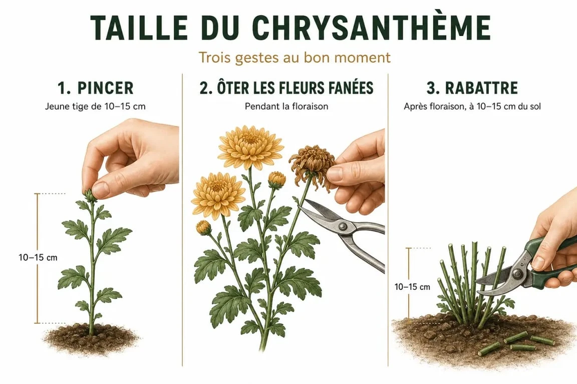 Taille chrysanthème en trois étapes : pincement, suppression des fleurs fanées et rabattage