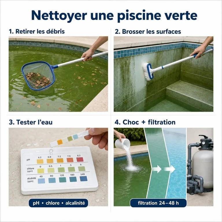 Nettoyer piscine verte : quatre étapes pour retirer les débris, brosser les parois, tester l’eau et lancer un traitement choc
