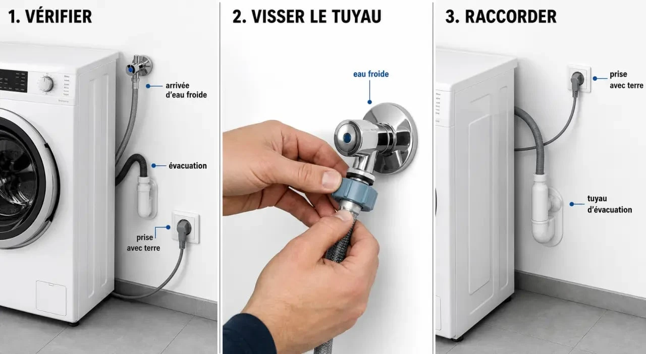 Lave linge branchement : illustration des raccordements d’eau, d’évacuation et d’électricité